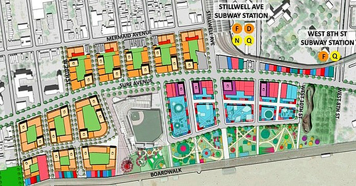 Detail of CIDC Map of of Coney Island Redevelopment Plan.  Salmon and cream color denote residential and residential towers. 