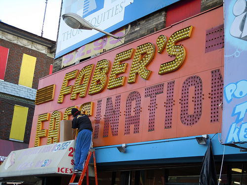 Coney Island signage: Faber's Fascination signage coming down! Photo © missapril1956 via flickr